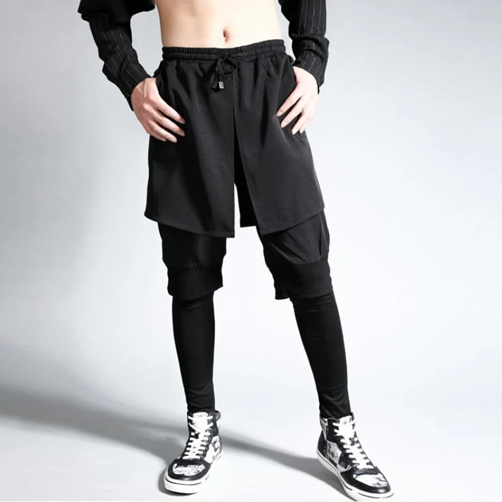 Mens Dark Y2k Faux Two Piece Side Swept Shorts Spring Streetwear Fashion Youth Daily Outdoor Casual Trousers 2026（No Leg Sleeve）