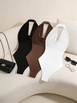 Women 3PCS Halter Cowl Neck Bodysuit Set Sleeveless Deep V Backless Slim Bodycon Basic Jumpsuit Casual Daily Ladies Body Suit Ou 2 Women 3PCS Halter Cowl Neck Bodysuit Set Sleeveless Deep V Backless Slim Bodycon Basic Jumpsuit Casual Daily Ladies Body Suit Ou 2