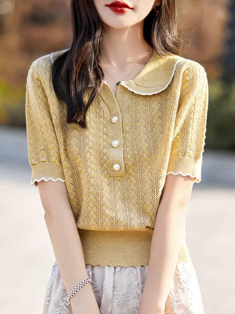 

Sweet Short Sleeve Knitted Sweater Doll Collar Women's Fashionable Commute Style Summer New Shirt Hollow out T-Shirt Top