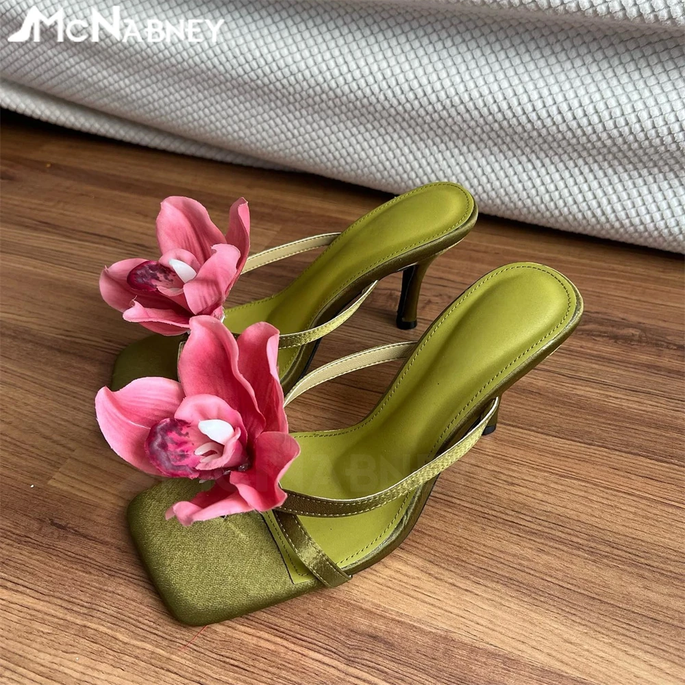 Green Satin Flower Slippers Vacation Style Stiletto Mules Novelty Fashion Summer Shoes Seaside Square Toe Slippers for Women New