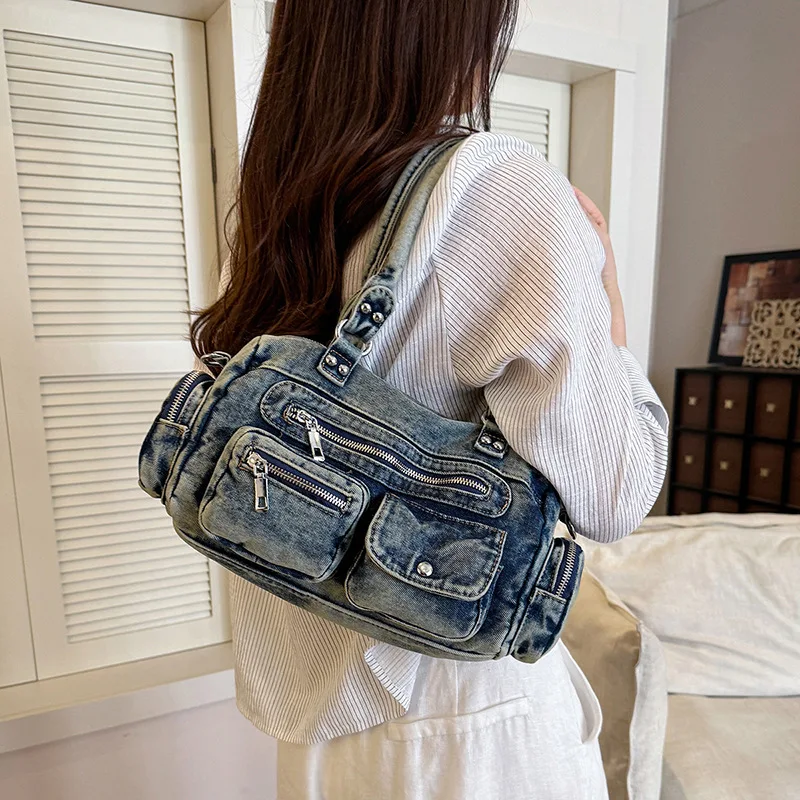 Retro Versatile Hot Girl Zipper Multi-Pocket Single Shoulder Crossbody Bag Women's New Universal Style Denim  Casual Use