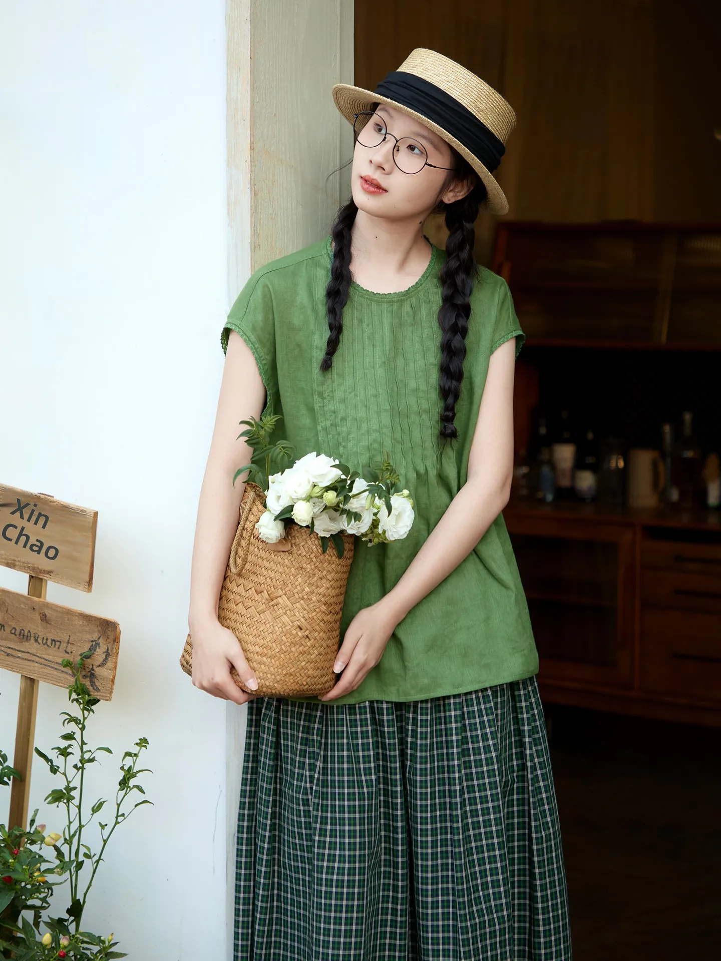 

Loose Fit Pure Linen Shirt Women's Summer Green Cover Shoulder Sleeve round Neck Japanese Style Breathable Comfortable Top