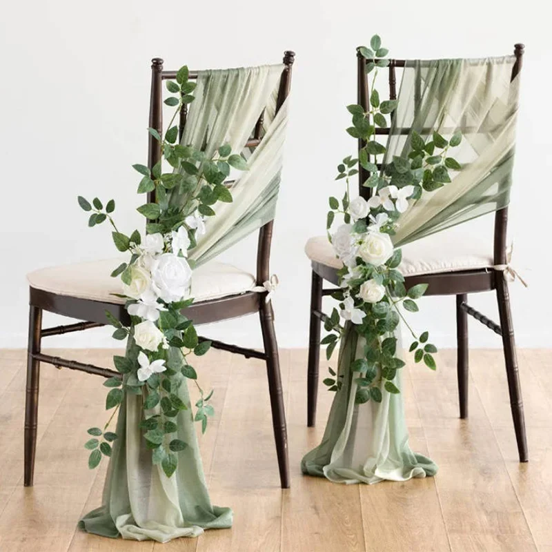 

Artificial Silk Rose Flower Chiffon Chair Sashes Wedding Chair Knot Ribbon Ties Party Event Hotel Banquet Supplies