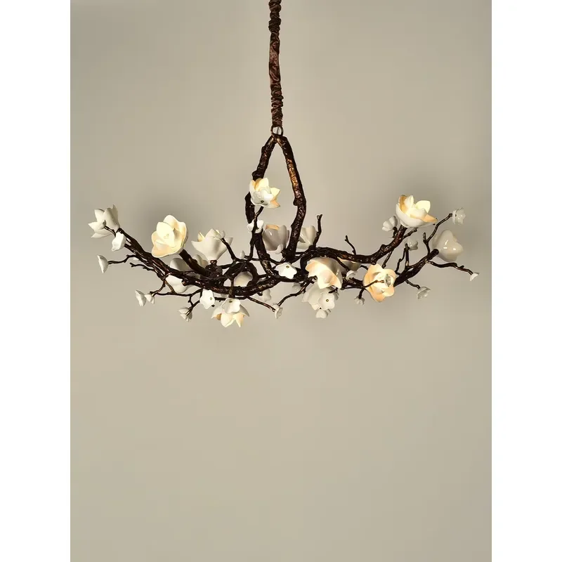 Luxury Brass Chandelier with Ceramic Flower Design for Hotel Restaurant Villa Living Room and Tea Room Elegant Lighting