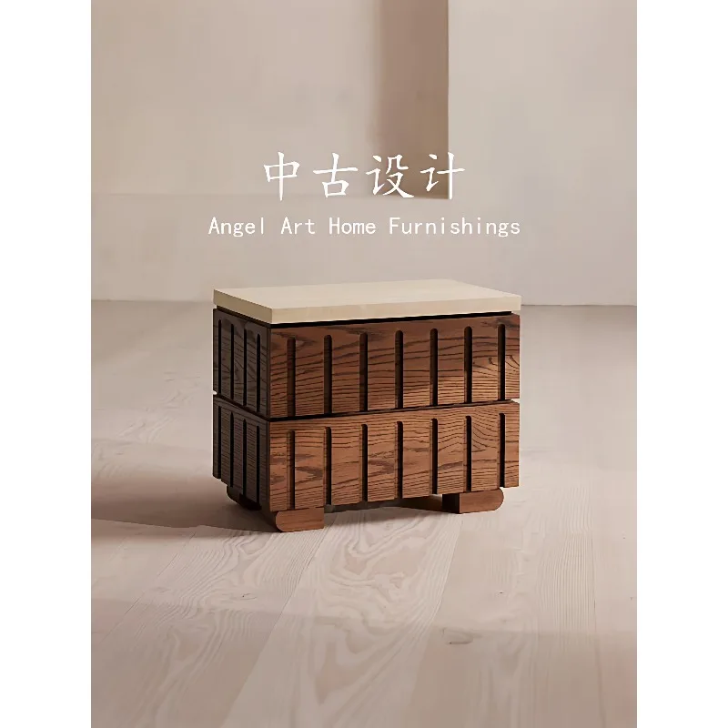 

Medieval Design Natural Travertine Solid Wood Bedside Table French Retro Engraving Creative Drawer Locker