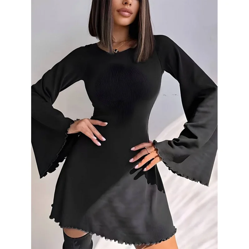 

YQ1-New International Station Hot-Selling Large Bell Sleeve Dress Autumn Winter Sexy Tie Short Dress for Women