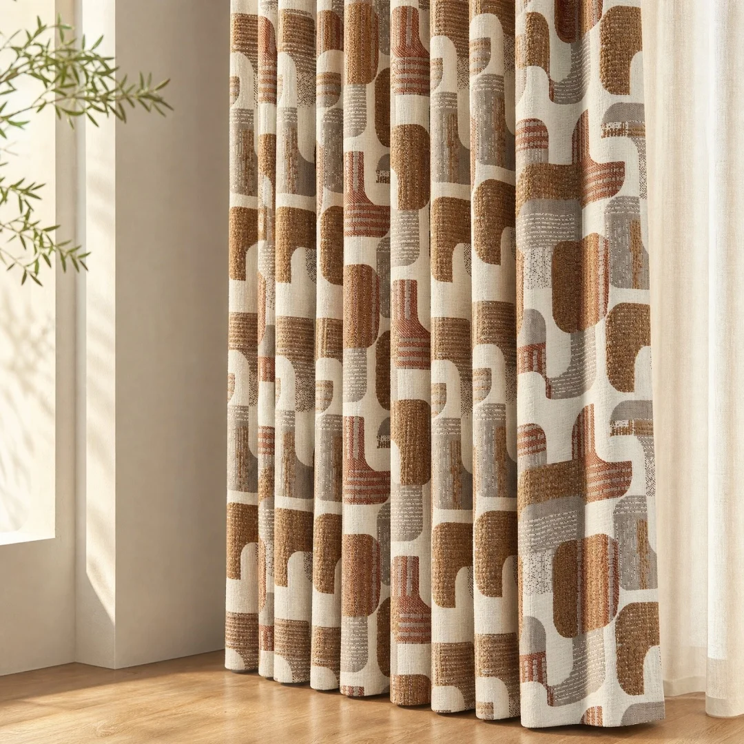 Retro Mid‑Century Geometric Jacquard Curtain, Coffee Brown Abstract Print Window Curtain for Living Room Bedroom Decoration