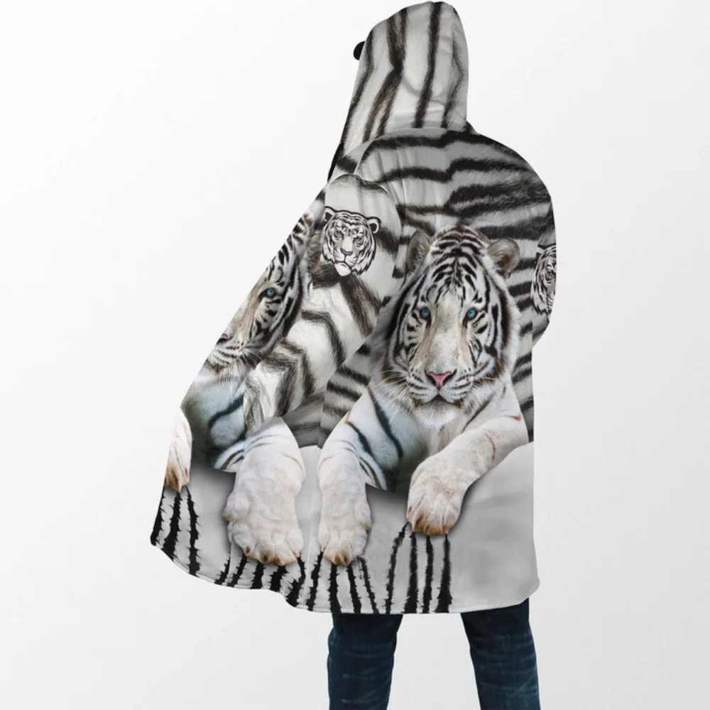 MSIEESO Winter Men Hooded Cloak Animal Tiger Graphic 3D Printed Fleece Wind Breaker Unisex Casual Thick Warm Hood Cloak