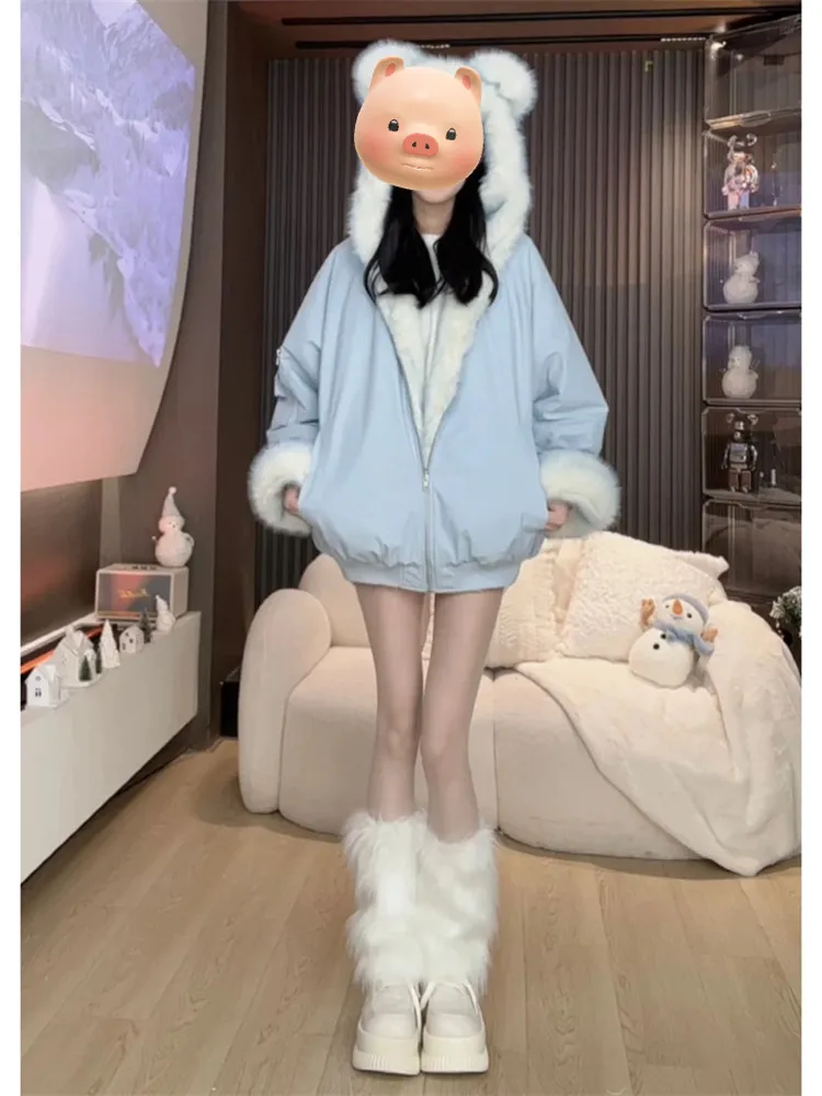 

Adorable Double-Sided Blue Women's Jaet Winter Cotton Coat Milk Series Trendy Unique Super Beautiful Fem Trend