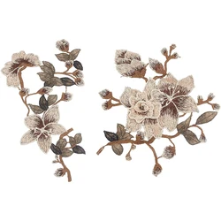 1 Pair Brown Pink Flower Embroidery Patches Bride Veil Wedding Dress Sew On for Girl Clothing DIY Crafts Applique Handmade