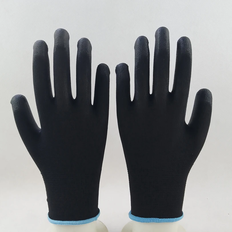 black polyester knitted liner pu palm coated work gloves man anti-static thin breathable gardening eletronic workshop workers