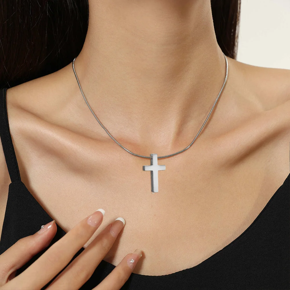 Fashion Jesus Cross Necklace For Women Female Silver Color Stainless Steel Snake Chain Cross Pendant Religious Jewelry Gift