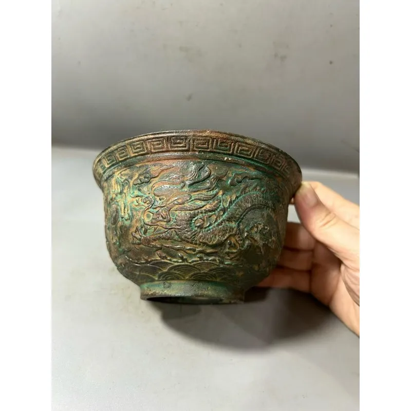 Antiqued copper dragon and phoenix bowl ornament, vintage new Chinese style collectible, embossed with aged patina, decorative g