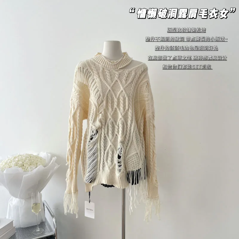 Casual Women's Knit Ripped Sweater Round Neck Chic Design Streetwear Design Women Autumn And Winter Slouchy Sweater