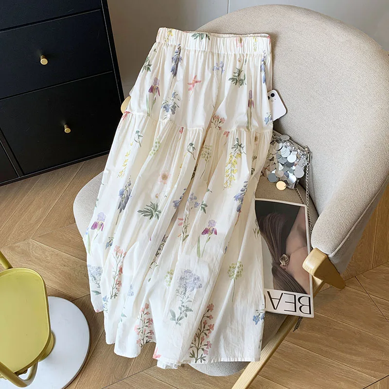 Women Off White Flower Print A-line Skirt Y2k Mori Dirl Skirts Harajuku Korean Long Skirt 2000s Vintage Cutecore Clothes Summer