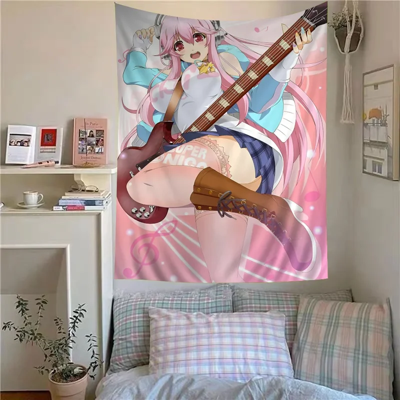 VIKAMA Pink Hair Anime Nurse Girl Tapestry Red Eyes Headphones Syringe Kawaii Manga Wall Hanging Otaku Bedroom Dorm Decor Poster