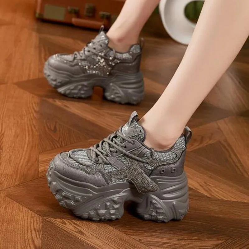 

NEW 9cm Microfiber Synthetic Chunky Sneakers Spring Autumn Shoes Genuine Leather Ankle Booties Bling Women Vulcanize Shoes Boots