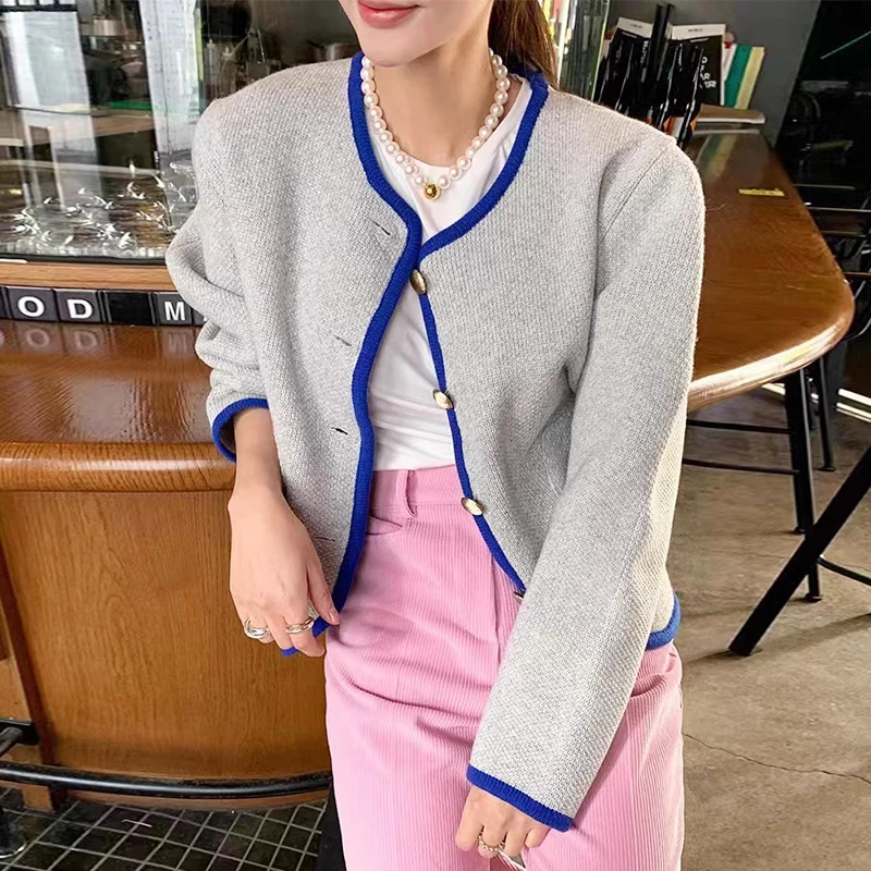 Шикарная осенняя свободная вязаная верхняя одежда круглого цвета на одной пуговице с цветочным узором в полоску, универсальная повседневная женская куртка