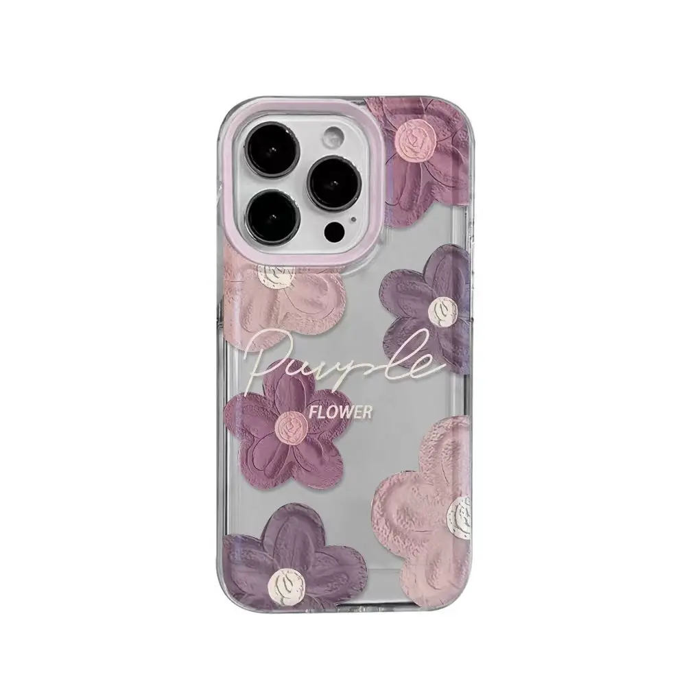 Simplicity Purple Oil Painting Flower Phone Case For iPhone 15 14 13 12 11Pro Max XR XS MAX 78Plus Y2K Girl Anti Fall Back Cover