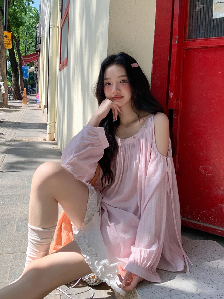 

Ele Pink Long Sve oulder Bared round Ne irt Women's Loose Korean Sle Spring Design Breathable Comfortable Casu...