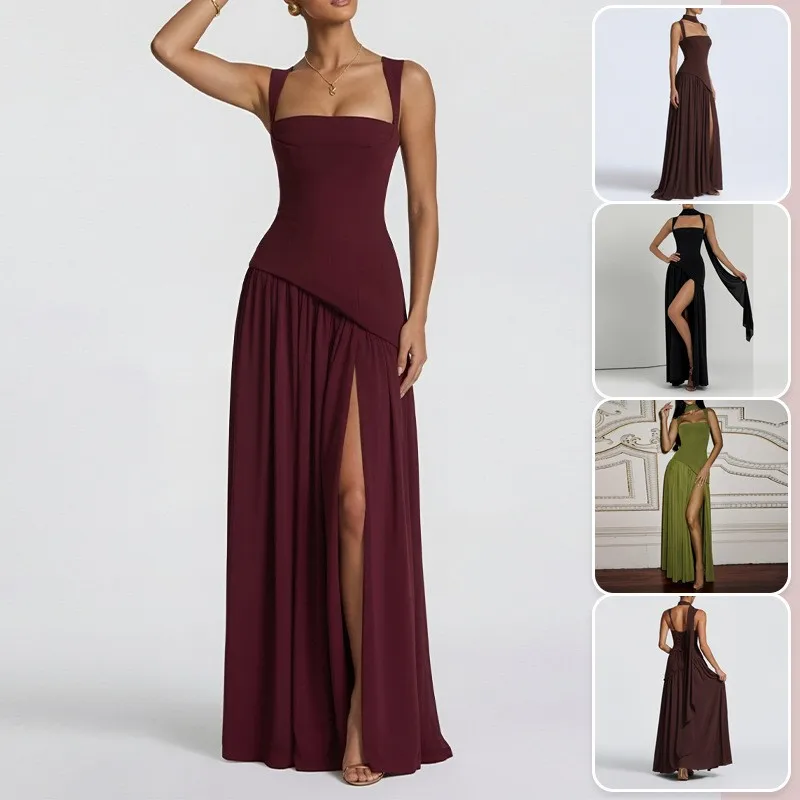 V Neck Slit Dress Pencil Skirt Elegant with Pleated Dress Slim Fit No Built in Bra Wrinkle Sleeveless Commuter for Women
