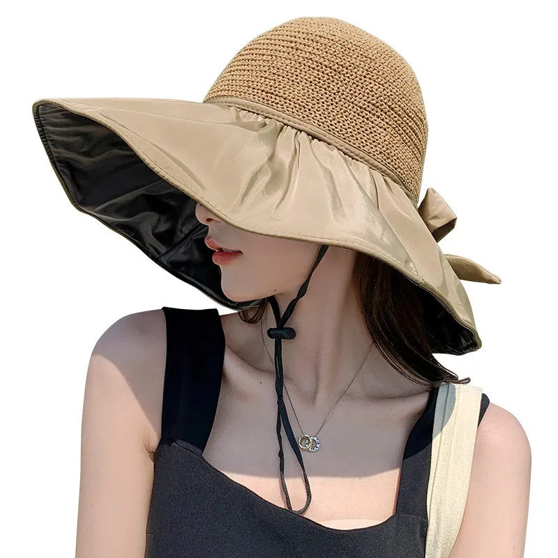 

Summer Sun hat women's straw woven anti ultraviolet 2024 with big brim seaside black glue breathable Bucket hat umbrella hat