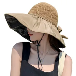 Sombrero de sol de verano para mujer tejido de paja anti ultravioleta 2024 con ala grande pegamento negro junto al mar sombrero de cubo transpirable sombrero de paraguas