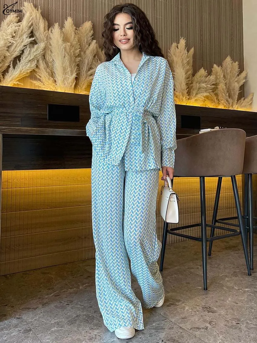 Oymimi, повседневный комплект из 2 предметов с синим принтом для женщин, модные рубашки на шнуровке с длинными рукавами и карманами, комплекты прямых брюк