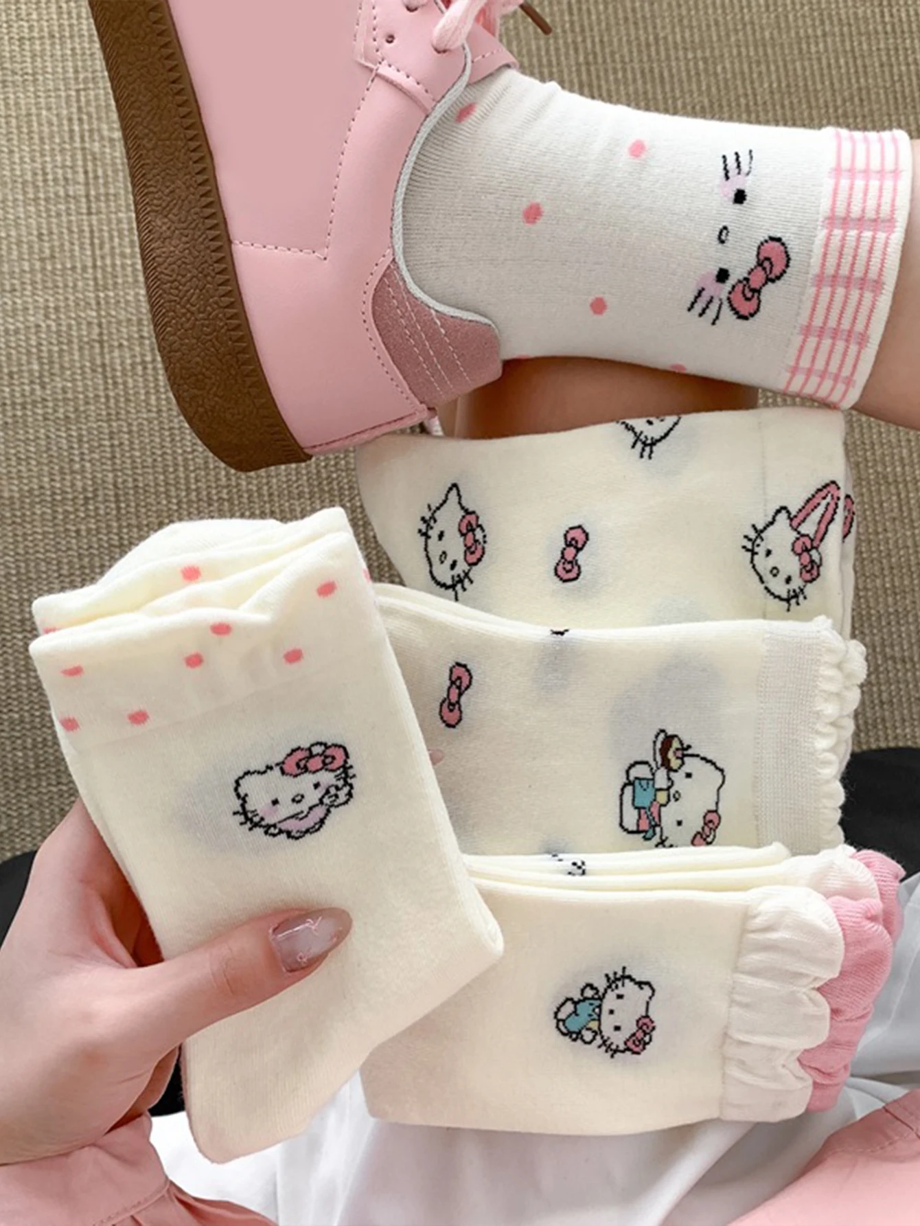 5/10 /15Pairs random of miniso  version Academic style sanrio Cartoon pattern Hello Kitty Cute and sweet Women's Mid-Calf Socks image 2