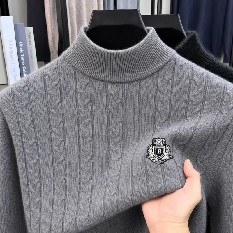 Men's Autumn Fried Dough Twists Knitting Pullover Half High Collar Embroidery Jacquard Long Sleeve Sweater Versatile Clothing