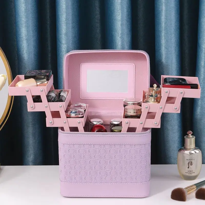New Fashion Women Cosmetic Bags Case High Quality Female Makeup Box with Mirror Professional Korean Ladies Large Toiletry Bag