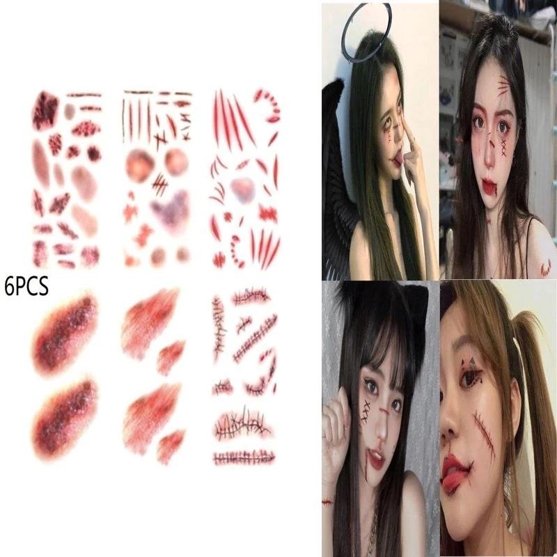 6 Sheets 3D Fake Scar Tattoos Stickers Realistic Temporary Bloody Wound Halloween Horror DIY Makeup