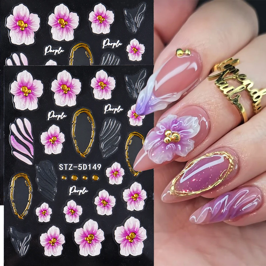 2 uds 5D en relieve Hada orquídea hibisco pegatina artística de uñas gradiente púrpura concha francesa DIY calcomanías deslizadores decoración de manicura puntas