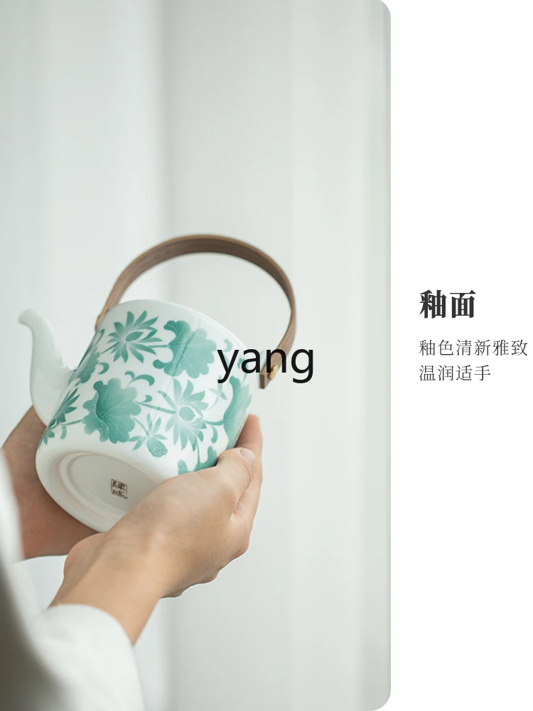 L'm'm Hand Painted Underglaze Lotus Pattern Loop-Handled Teapot Jingdezhen Ceramic Household Kettle