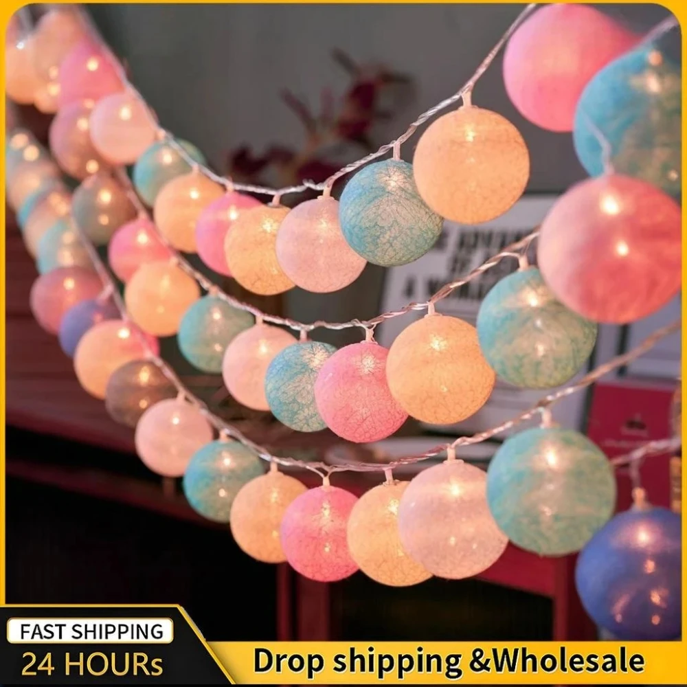 القطن جارلاند كرات أضواء سلسلة عيد الميلاد في الهواء الطلق معلقة غرفة الحفلات السرير الجنية أضواء الزفاف زينة الهالوين