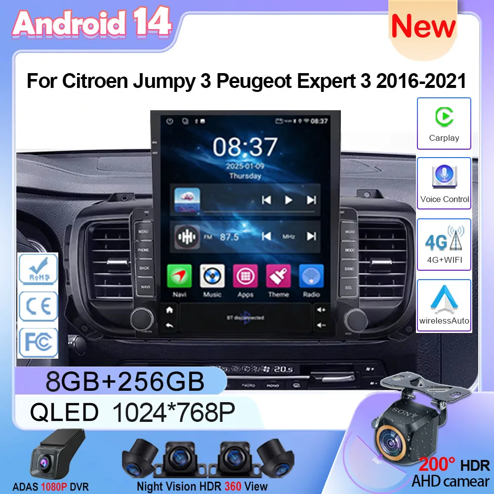 9.7 tela android 14 rádio do carro para citroen jumpy 3 peugeot expert 3 2016-2021 multimídia vídeo dvd ﻿ Tela QLED de toque do jogador
