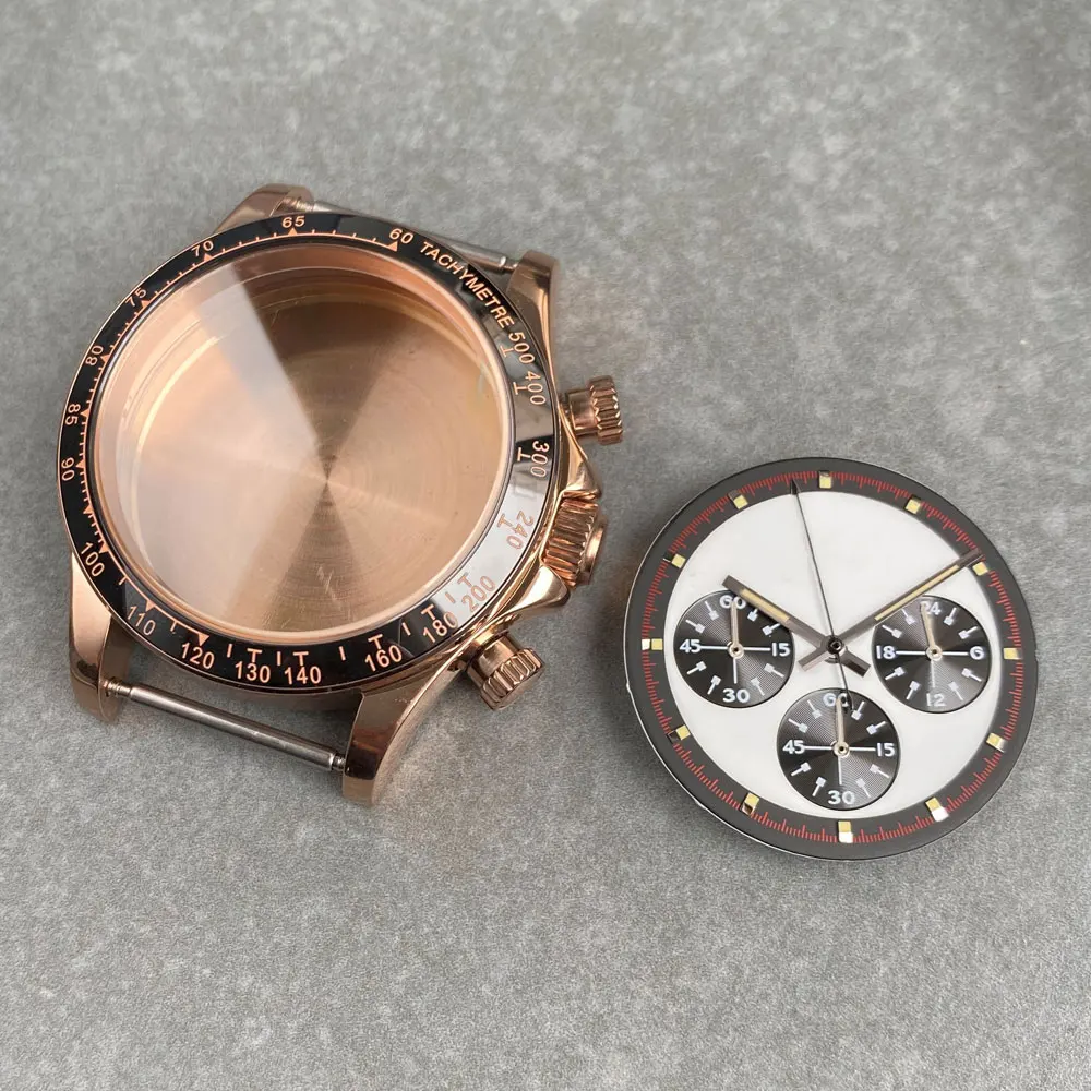 38mm Chronograph Multifunction Stainless Steel Rose Gold Fit VK63 VK64 Quartz  Watch Case Dial Sapphire Crystal Ceramics Bezel