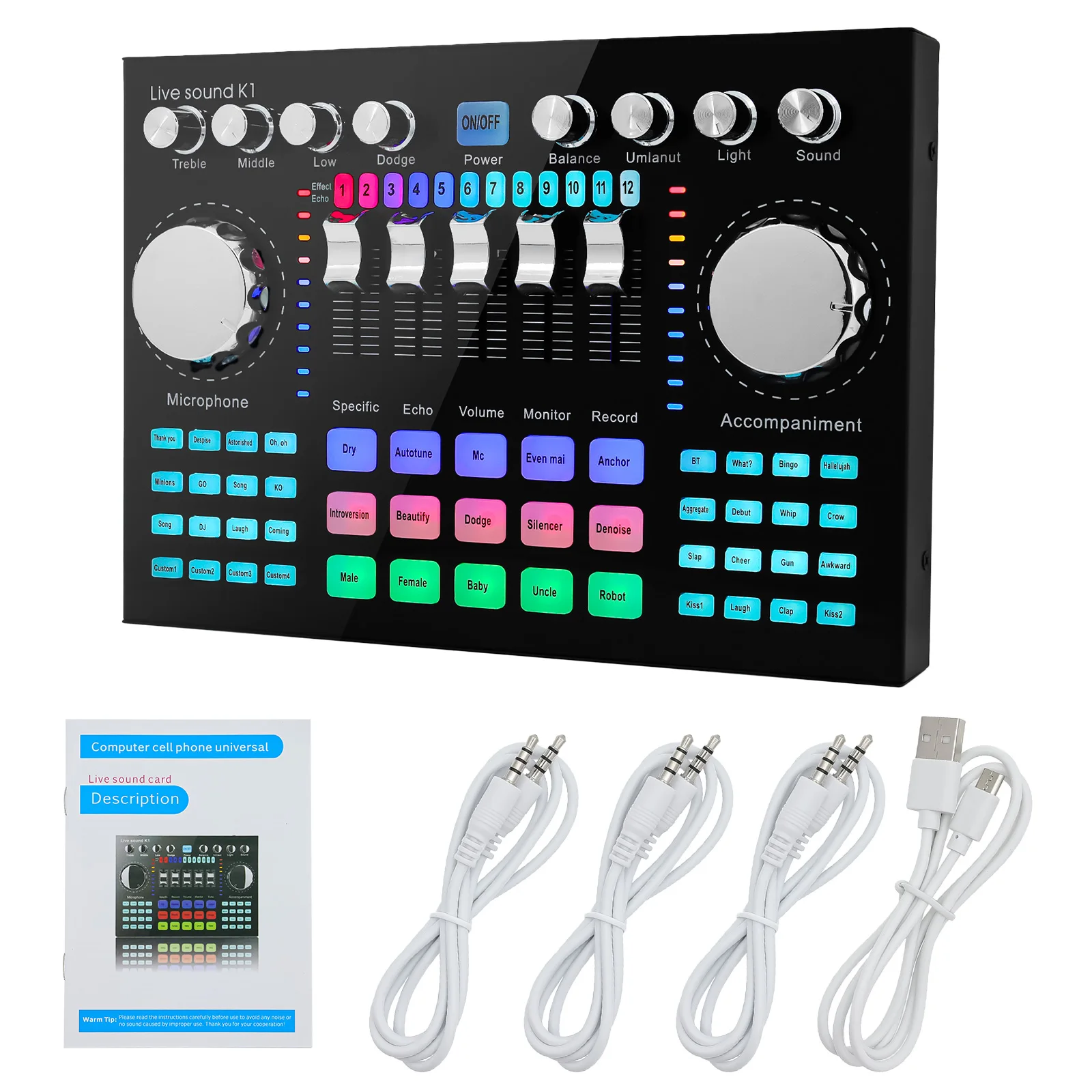 K1 Audio Mixer Live Sound Card Mobile Phone Voice Changer Karaoke for Broadcast Recording KTV Music Audio Bluetooth-compatible