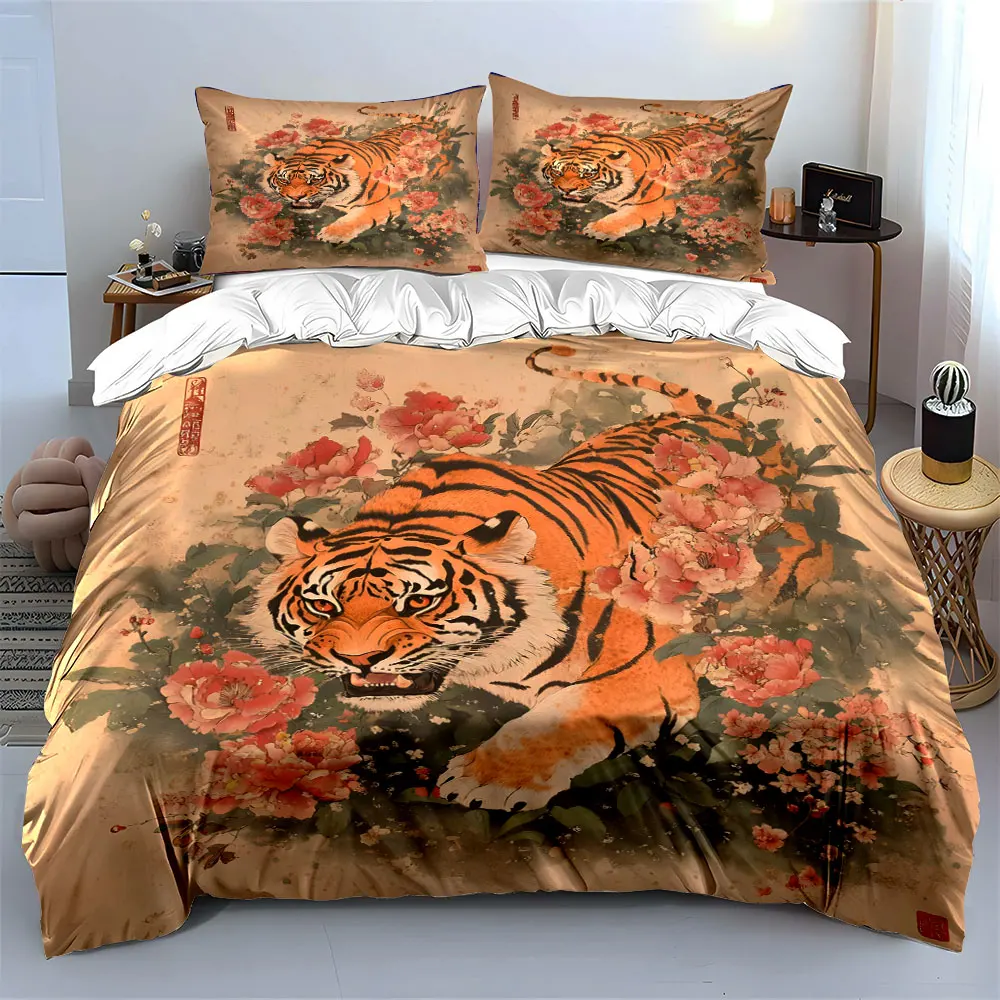 

"Floral Tiger Art Decor Set" Bedding Set with 1 Duvet Cover 2 Pillowcases Single Double King Queen, Gift