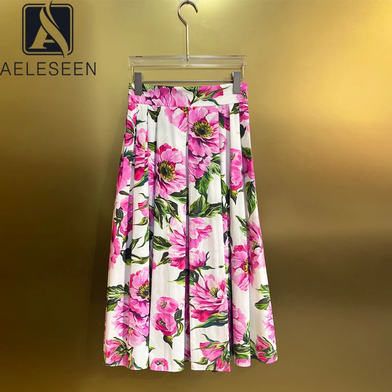 AELESEEN 100% Cotton Sicilian Skirt Women 2025 Spring Summer Fashion Romantic Colorful Rose Peony Printed Pleated Elegant Party