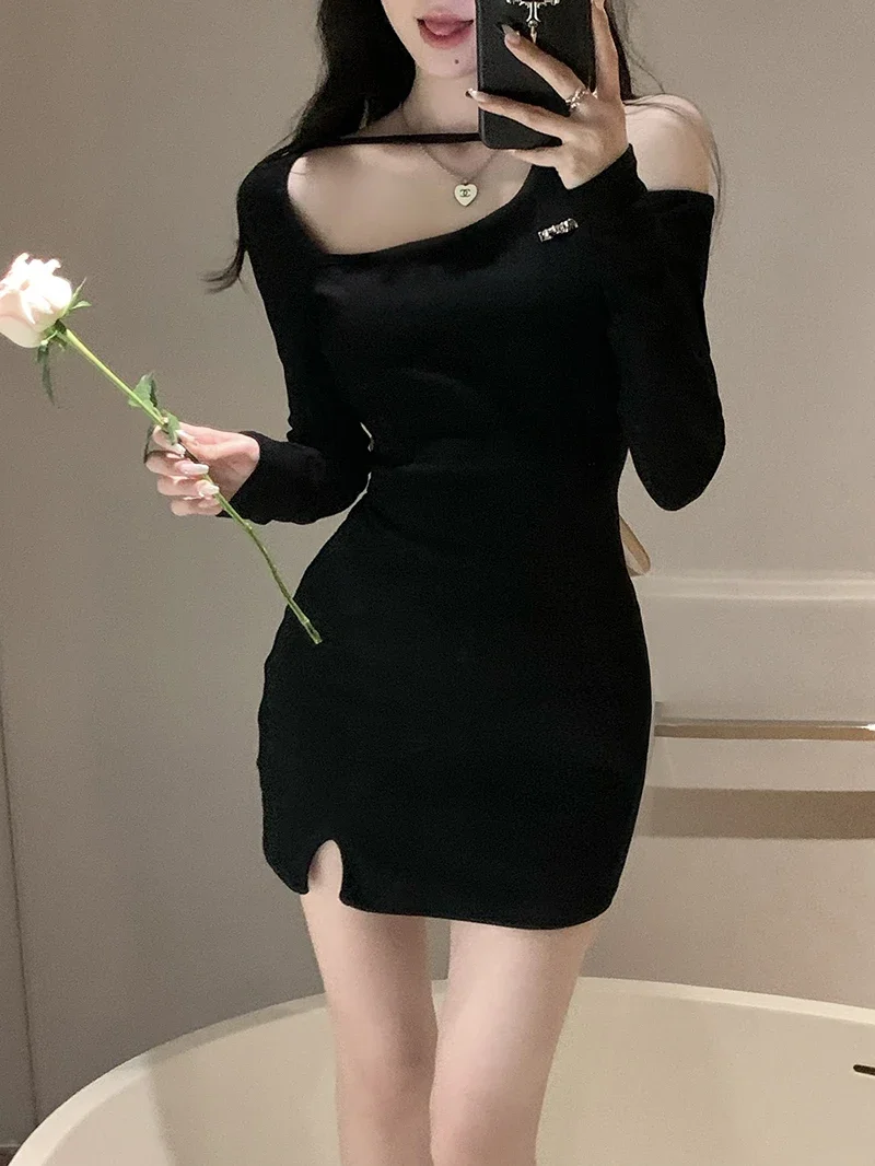 Sexy Black Mini Dress Women Off Shoulder Pure Slit Bow Hollow Out Design Skinny Irregular Attractive Ulzzang Girls Aesthetic