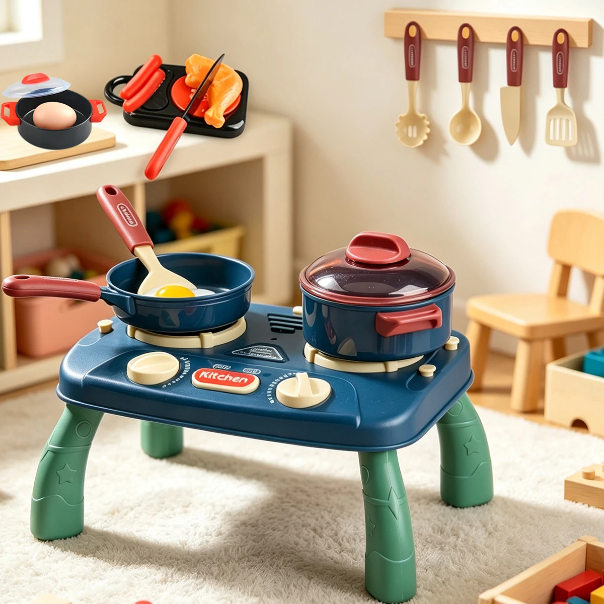 Electric Kitchen Cooking Toys Set, Playing House Simulation Cook Table with Lights Sound Knife and Fork Model Gifts for Kids