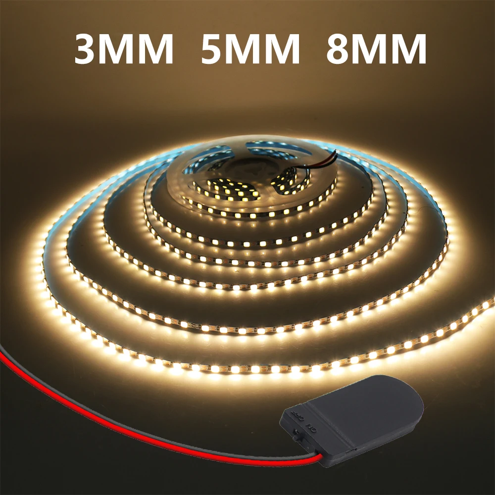 LED Strip Light 3MM 5MM 8MM 5V Battery Powered SMD 2835 120LEDs/m Warm Natural White Flexible Tape DIY Room Decor 0.5M 1M 2M 3M