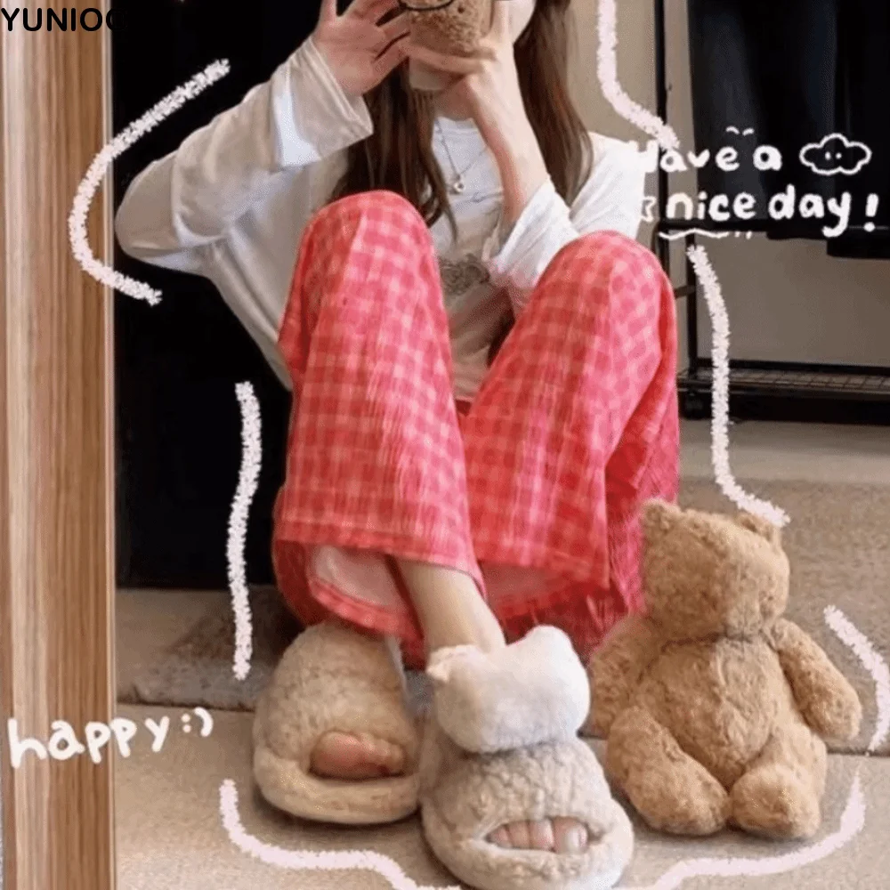 

Korean Style Plaid Heart Long Pants Colorful Comfortable Loose Trousers Draped Design Elastic Fabric Drawstring Pants