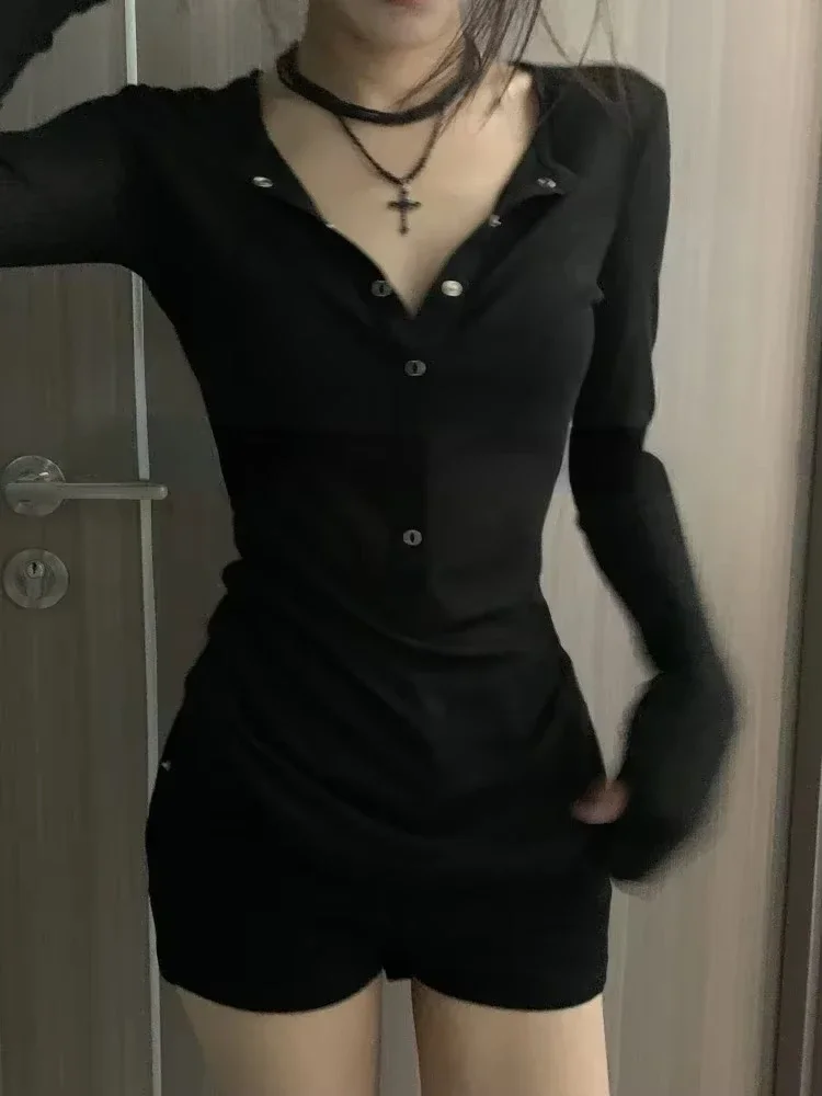 Y2k Slim Fit Long Sleeve Tee Shirt Early Autumn New All-match T-shirt for Women Simple V-neck Single Breasted Tops Mujer Blouse image 4