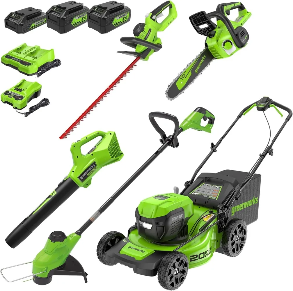 

48V (2x24V) 20" Cordless Push Mower, 12" String Trimmer, 320 CFM Blower，10" Chainsaw，and 22" Hedge Trimmer Combo Kit