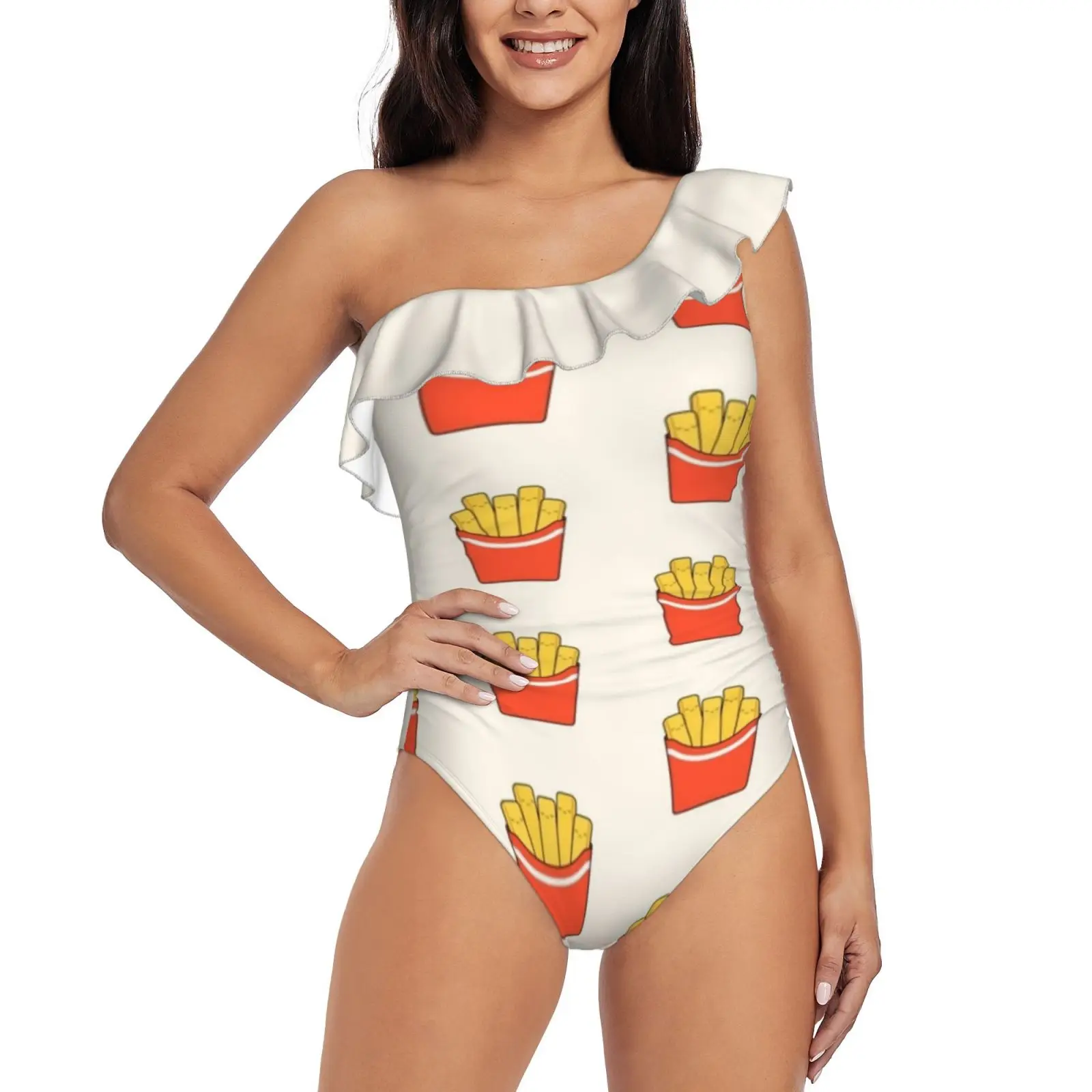 

Best Fries One Shoulder Ruffle Swimsuit One-Piece Beach Bathing Suit Print Sexy Women Swimsuit Fries Fast Food Fry Potato Snack