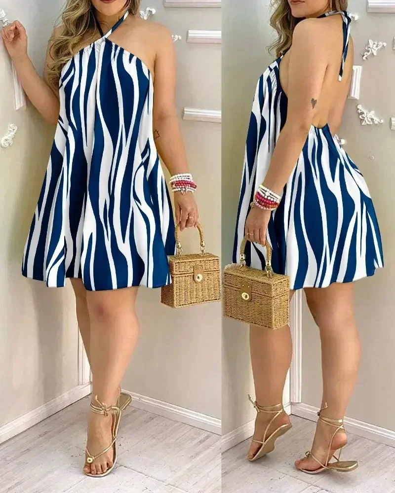 Damen-Minikleid mit Neckholder und Streifenmuster, ärmellos, locker geschnitten, lässiges Urlaubs-Swing-Kleid – Detail 3