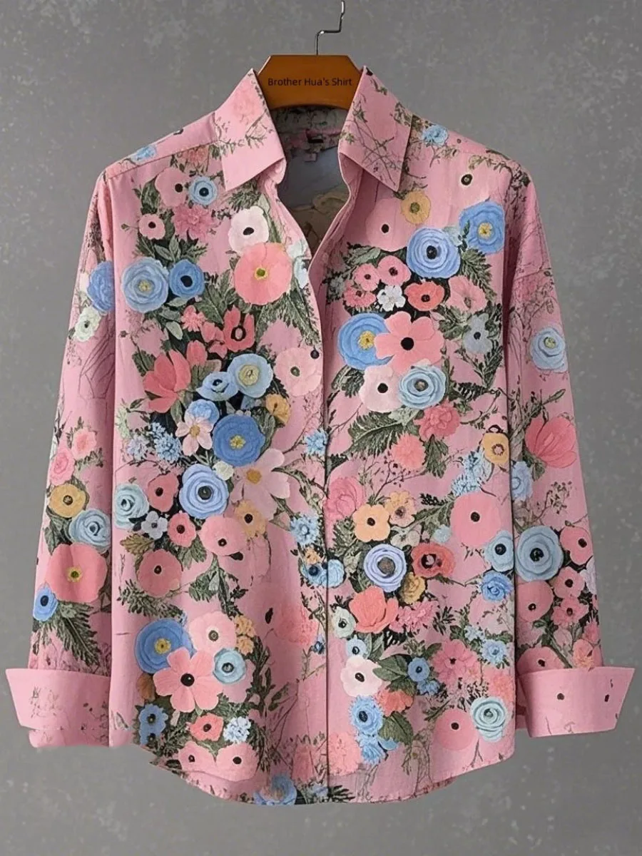 New spring, summer and autumn men's and women's stand-up collar long-sleeved shirts, elegant floral print tops fast delivery