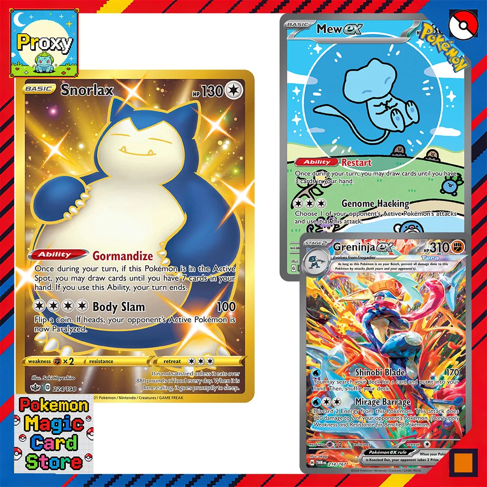 

Коллекционные карты Pokémon: Снорлакс, Пирсеркер, Гиратина, Калилекс, Король Урсалуна, Огерпон, Рaging Bolt, Gouging Fire, Iron Leaves, Rainbow PTCG